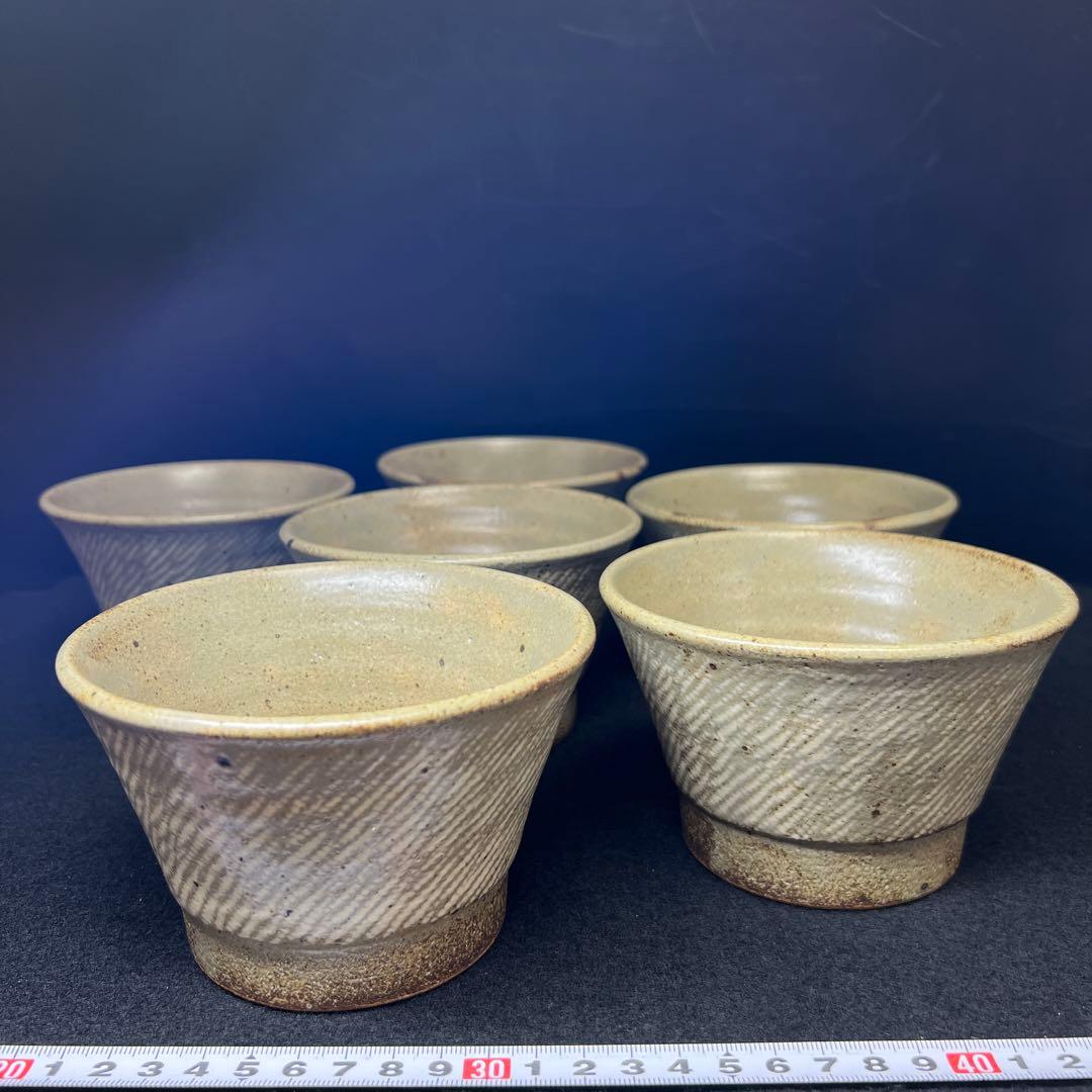 島岡達三　地釉象嵌縄文向付6客　共箱　口径約12.5㎝ 東Y8-0225☆2F