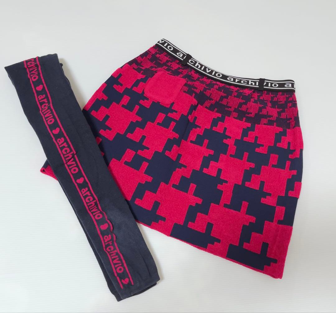 【新品】アルチビオ　千鳥柄ニットスカート　レギンス　レッド×ネイビー　2点セット