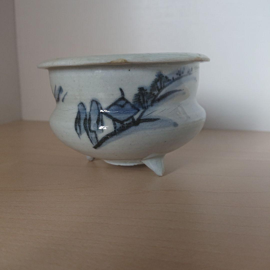 切込焼　香炉　染付山水図