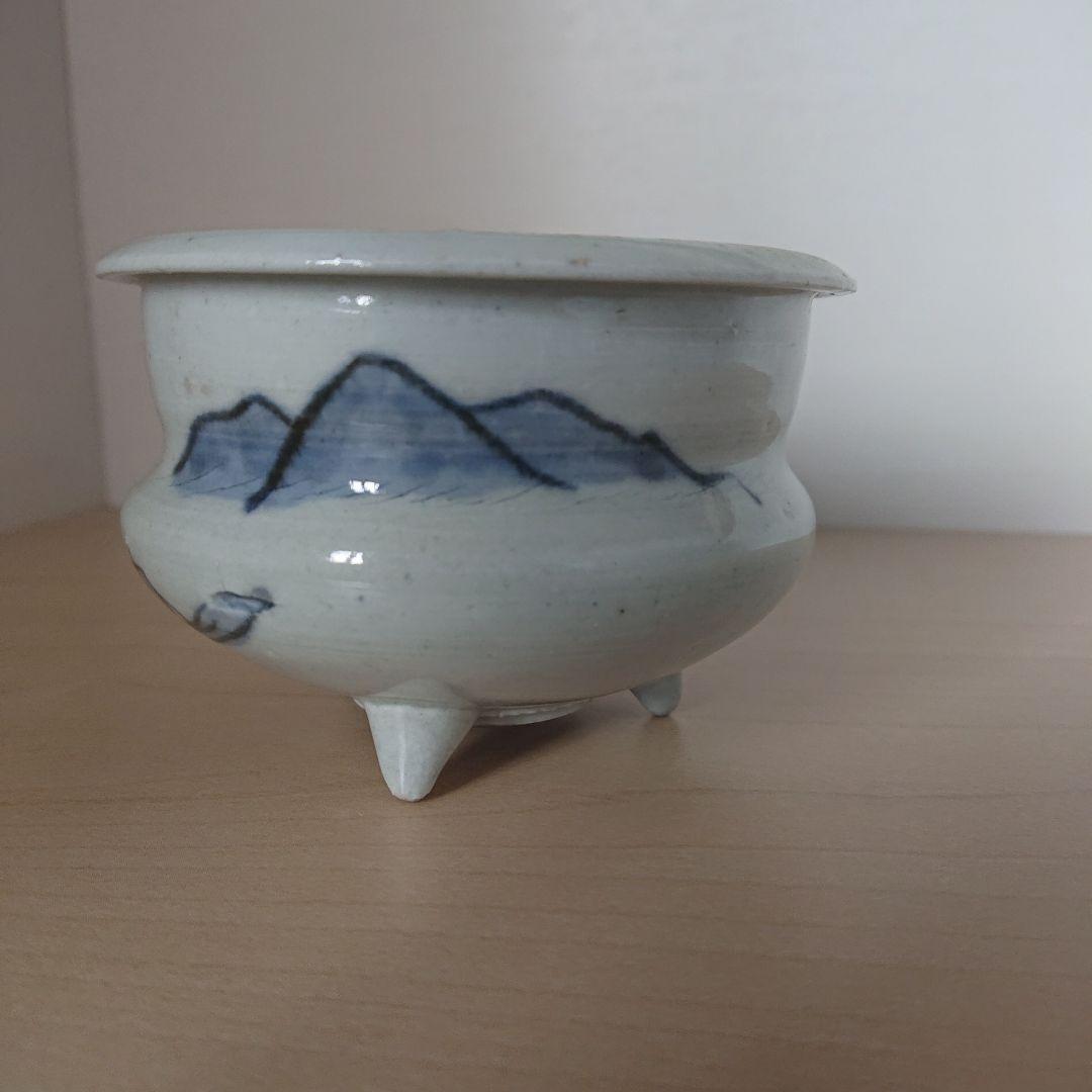 切込焼　香炉　染付山水図