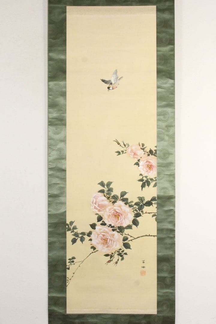 No5913 掛軸　在銘　幸野西湖　「薔薇に雀」　花鳥図　着色絹本　送料無料