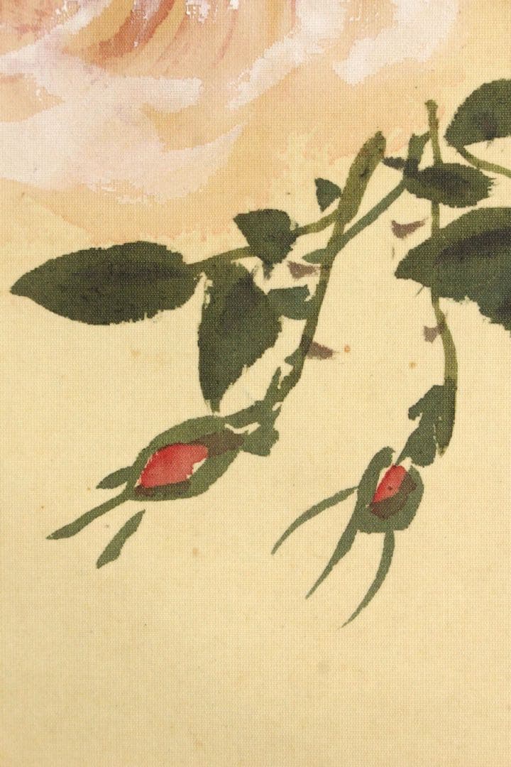 No5913 掛軸　在銘　幸野西湖　「薔薇に雀」　花鳥図　着色絹本　送料無料