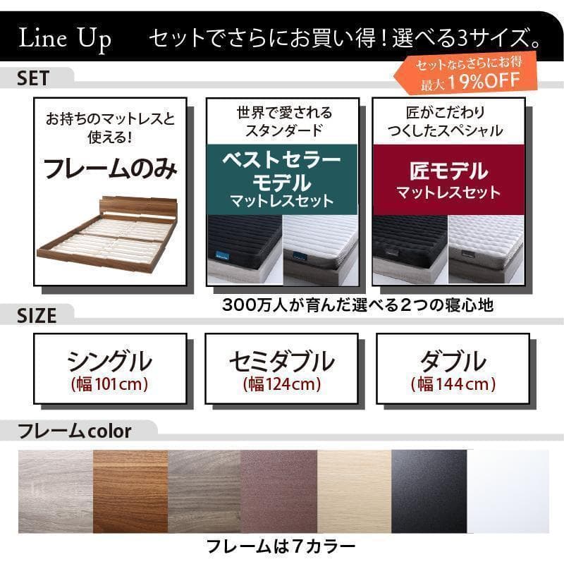 【peach】 ダブルベッド 収納 棚 2口コンセント マットレス付 RG