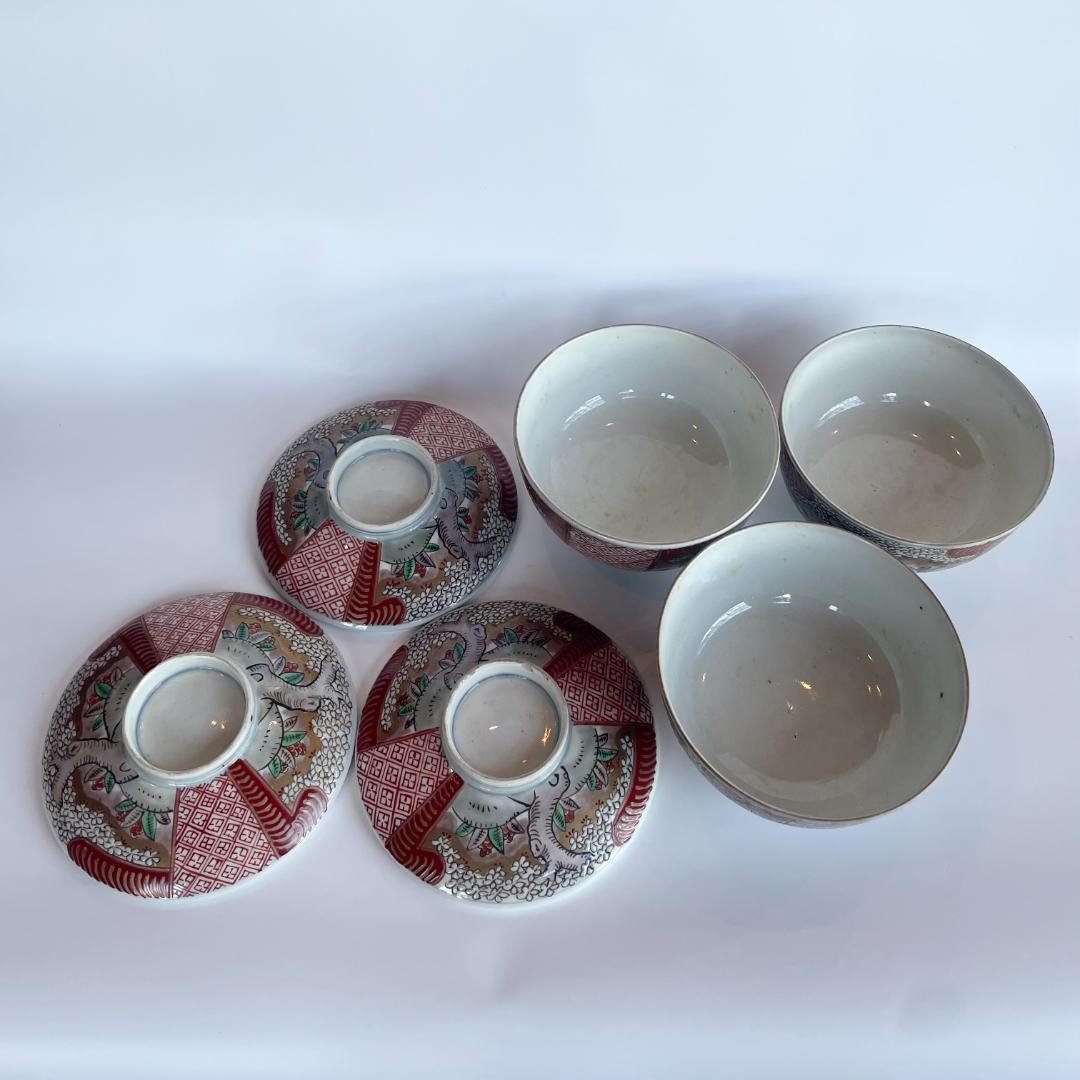 明治 古伊万里 色絵 金彩 金蘭手 桜花文 蓋付椀 3客揃 煮物椀 蒸碗 時代