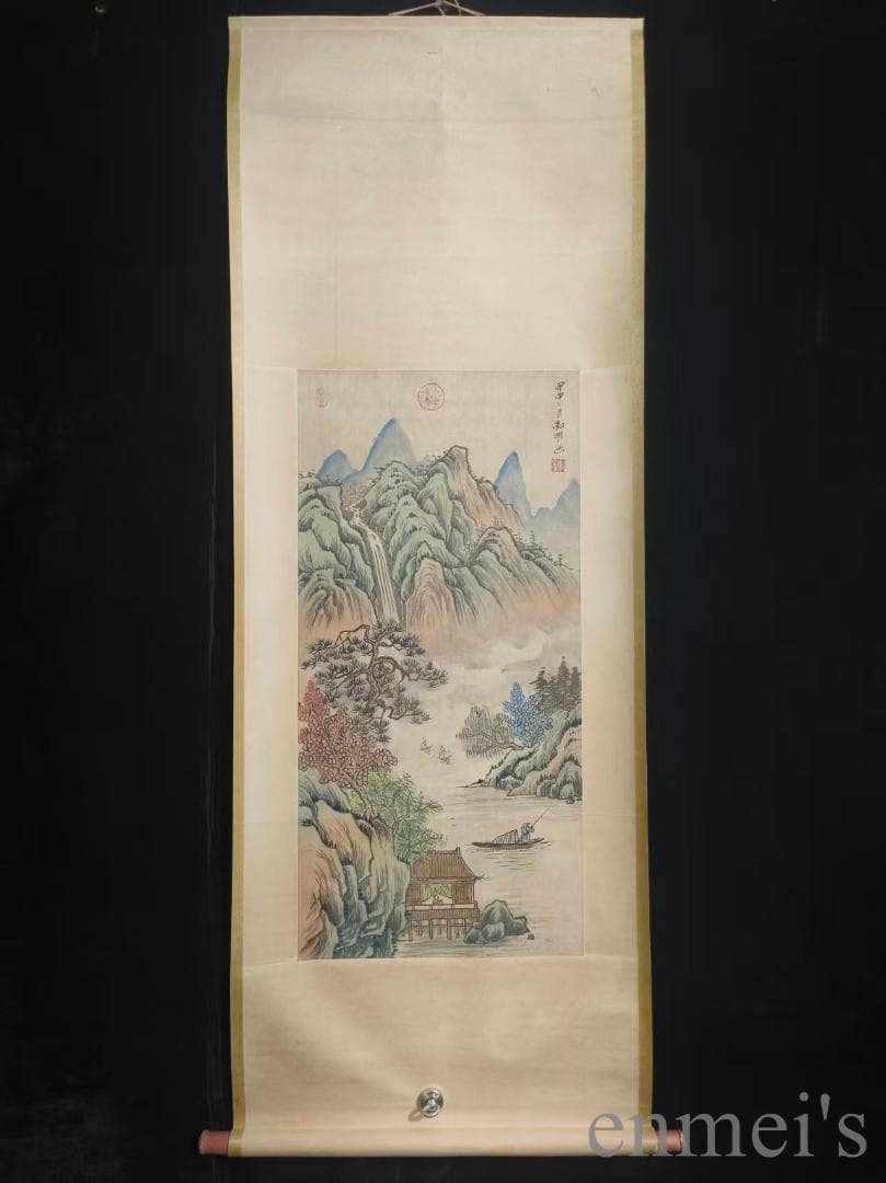 中国古美術.明時代.文徴明款.山水図.宣紙.三尺.肉筆.掛け軸.在銘.文房置物