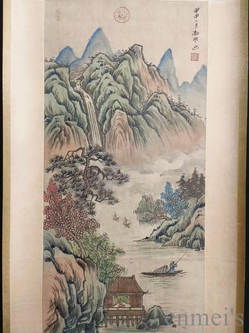 中国古美術.明時代.文徴明款.山水図.宣紙.三尺.肉筆.掛け軸.在銘.文房置物