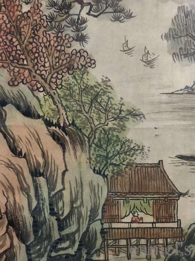 中国古美術.明時代.文徴明款.山水図.宣紙.三尺.肉筆.掛け軸.在銘.文房置物
