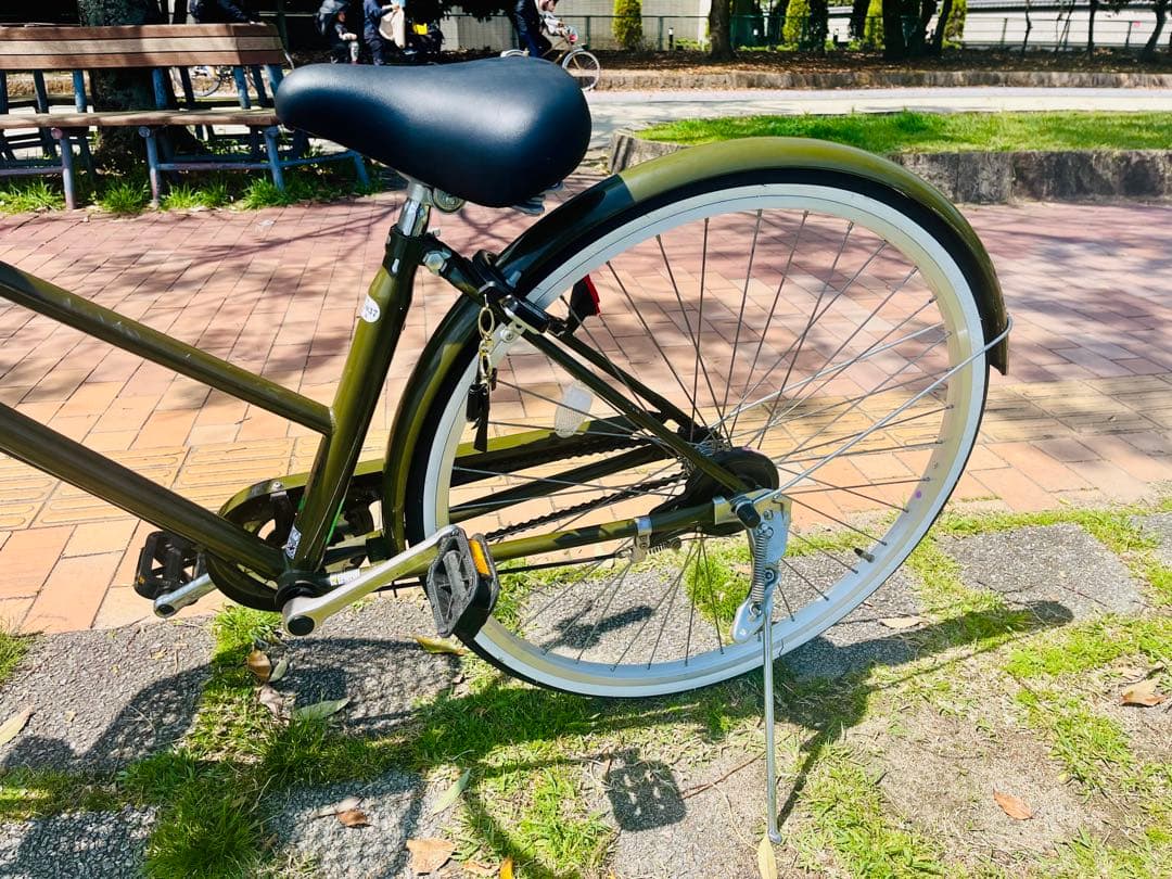 【比較的美品】大容量カゴ付き 27型シティサイクル モスグリーン 動作良好