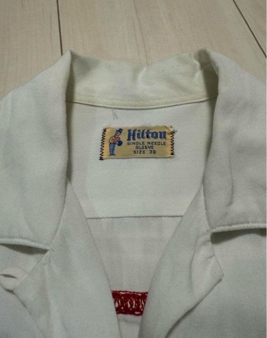 50s 60s Hilton 白 レーヨン ボーリングシャツ チェーンステッチ