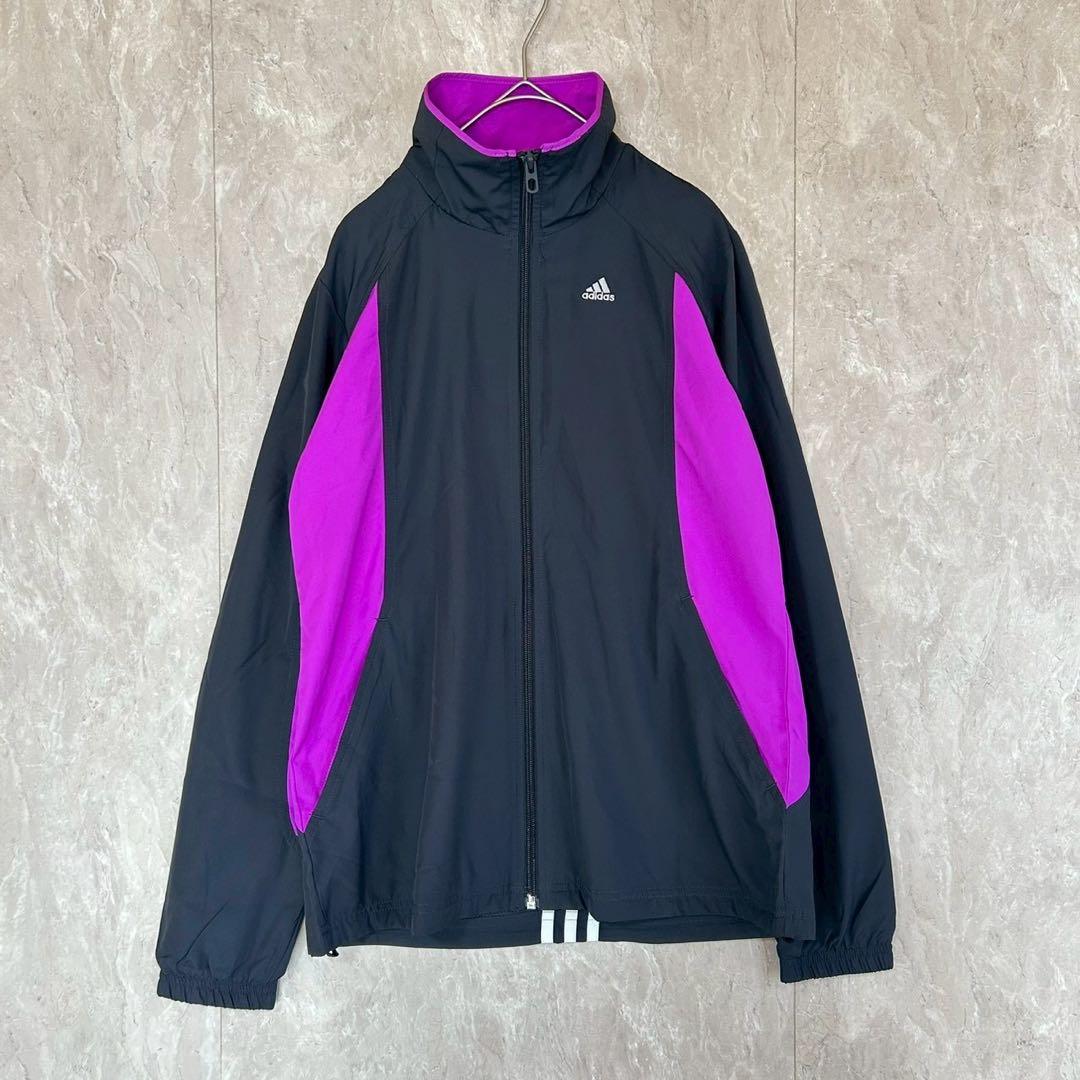【アディダス】美品✨タグ付スタンドカラーナイロンジャケット M 黒、紫 メッシュ