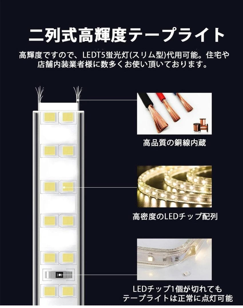 二列式 LEDテープライト 100V 3M 3色無階段調光 リモコン付 IP68