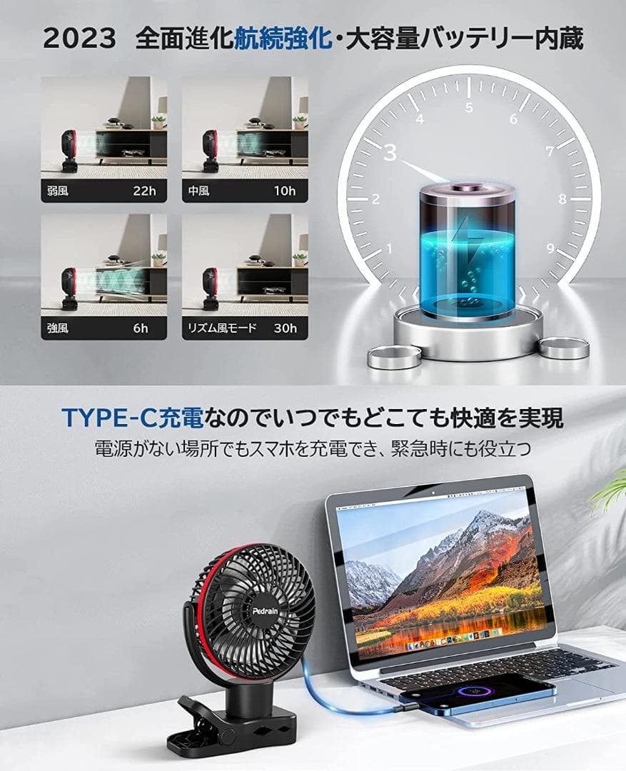 usb扇風機【2023年新機型】360度自動首振り 卓上扇風機 クリップ
