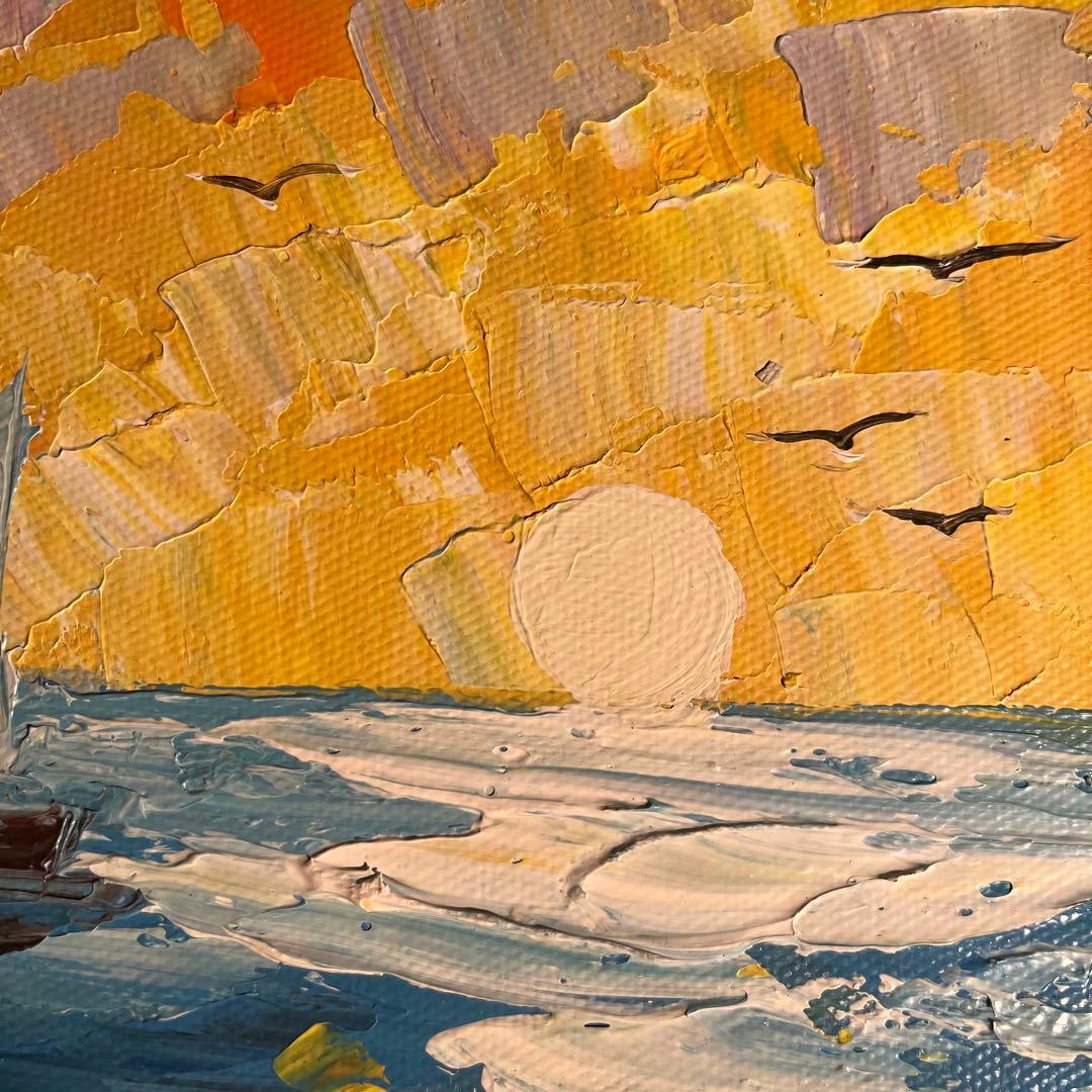 手書き油絵 sun set 夕陽 額付 インテリア 油彩画 肉筆絵画