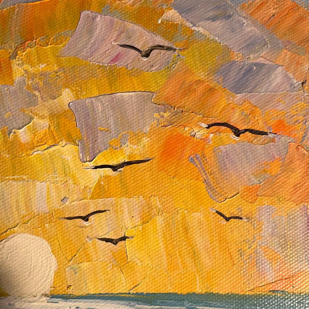 手書き油絵 sun set 夕陽 額付 インテリア 油彩画 肉筆絵画