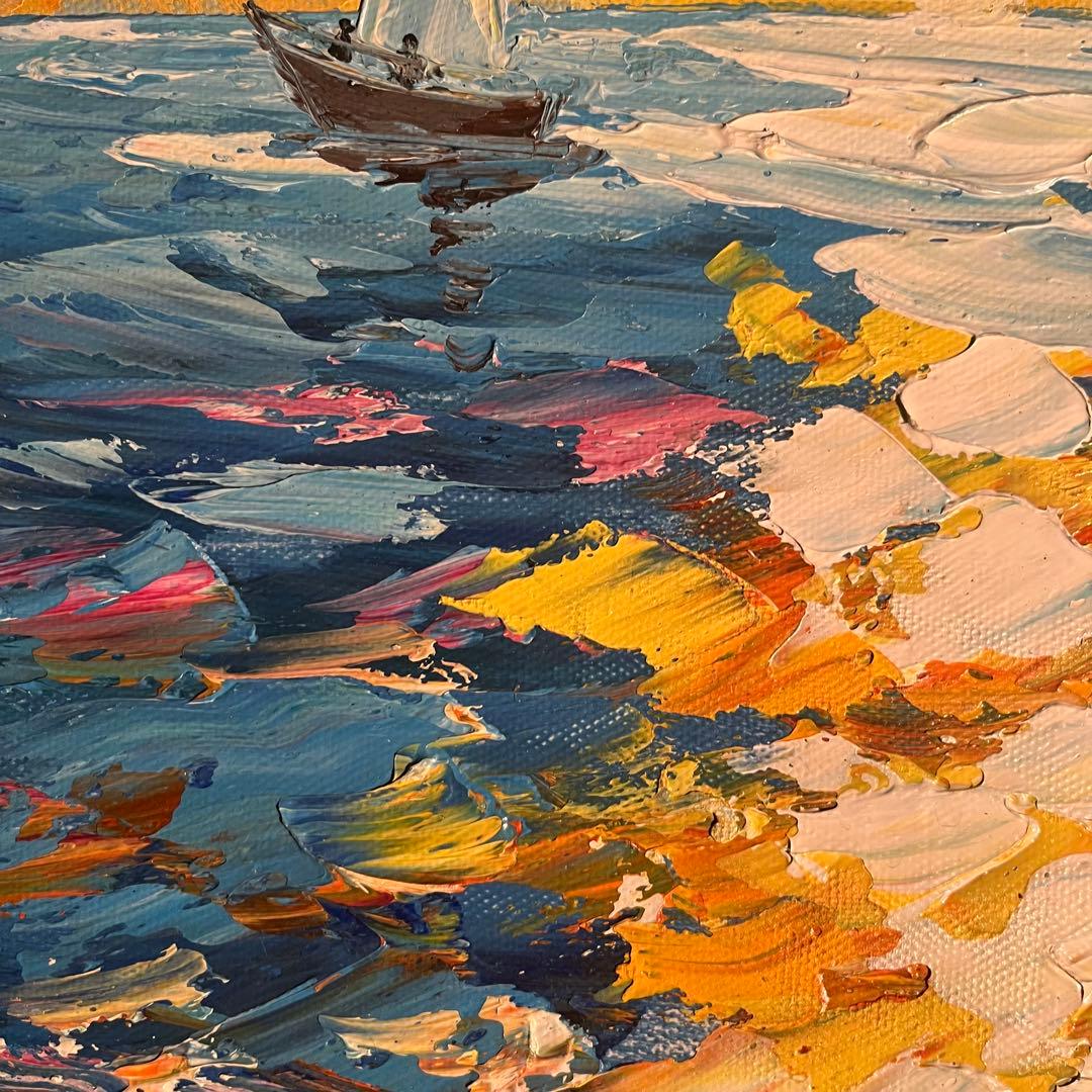 手書き油絵 sun set 夕陽 額付 インテリア 油彩画 肉筆絵画
