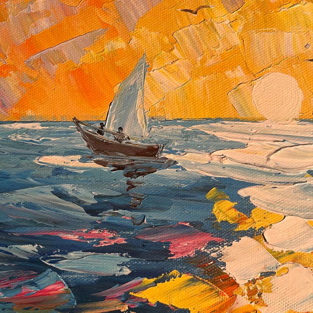 手書き油絵 sun set 夕陽 額付 インテリア 油彩画 肉筆絵画