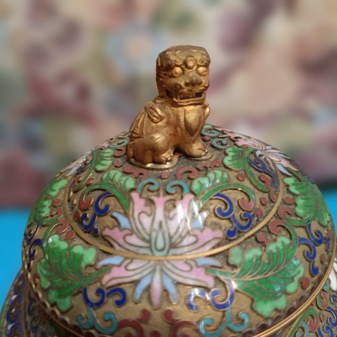 中国美術　七宝焼（景泰藍）金獅子香炉.沈香壺 昭和レトロアンティーク