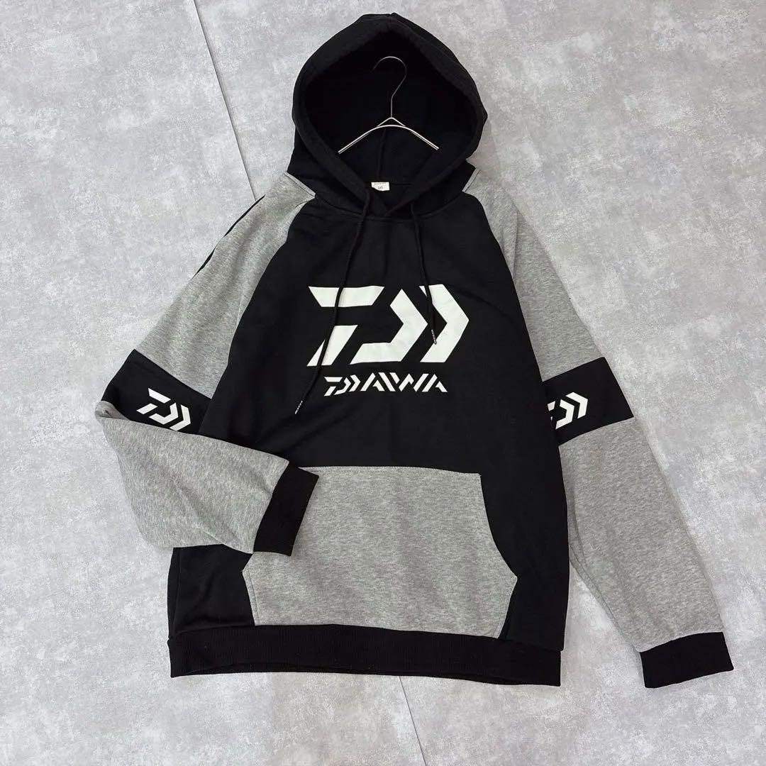 【大きいサイズ】3XL 裏起毛 ロゴ パーカー アウトドア 黒×グレー 釣り