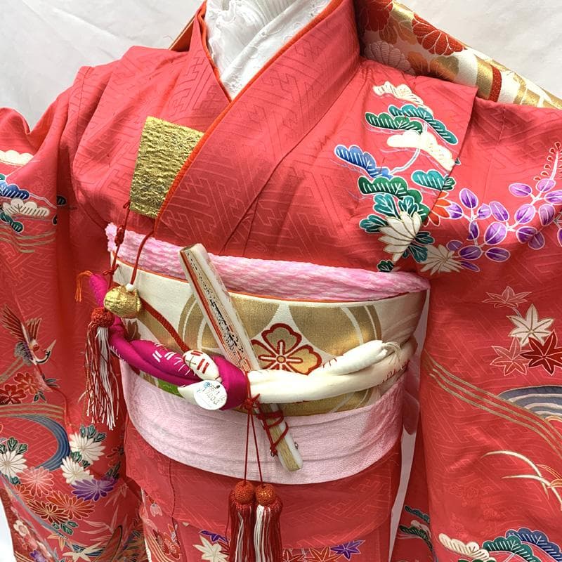 505ag52□七五三 七歳 女児 着物&袋帯 金彩 鶴 建物文□美品
