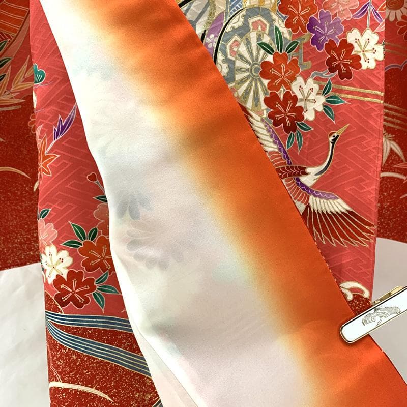505ag52□七五三 七歳 女児 着物&袋帯 金彩 鶴 建物文□美品