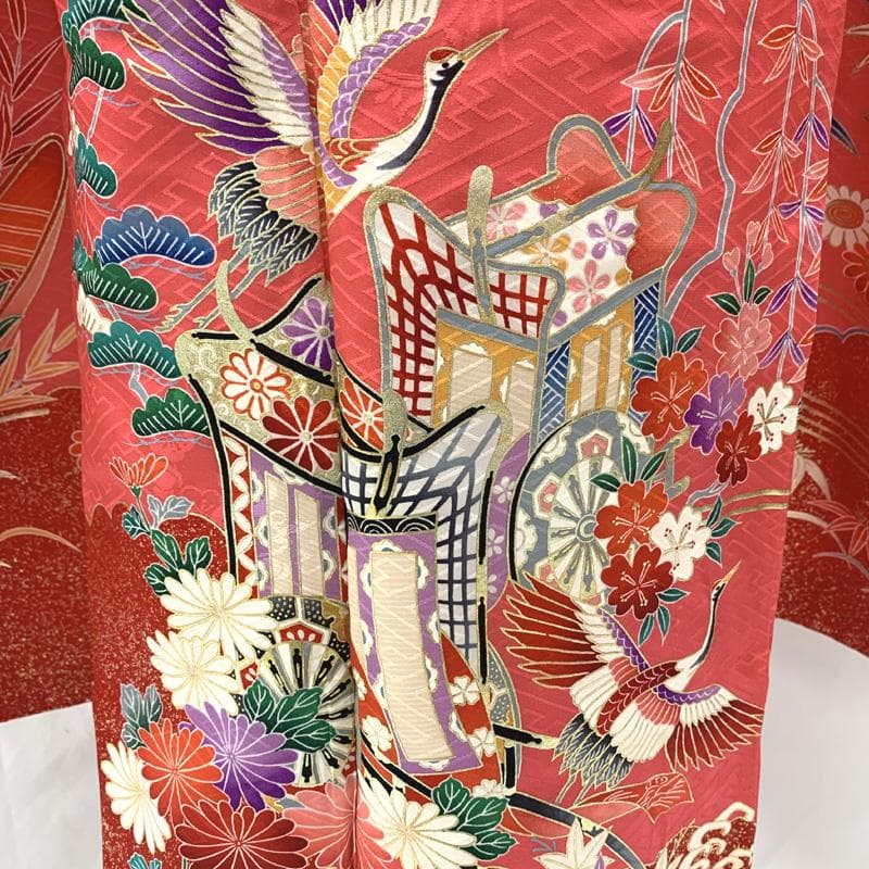505ag52□七五三 七歳 女児 着物&袋帯 金彩 鶴 建物文□美品