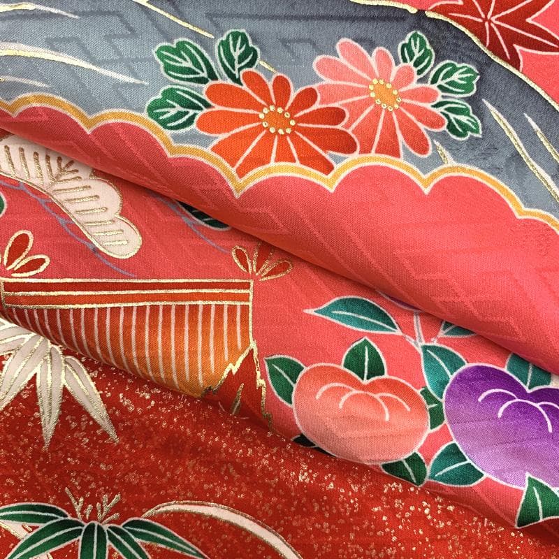 505ag52□七五三 七歳 女児 着物&袋帯 金彩 鶴 建物文□美品