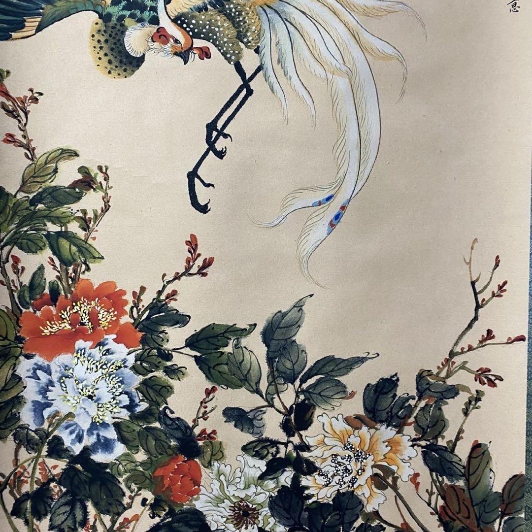 沈銓 富貴吉祥図 四尺中堂 掛け軸 中国掛軸 花鳥画 証書付き インテリア