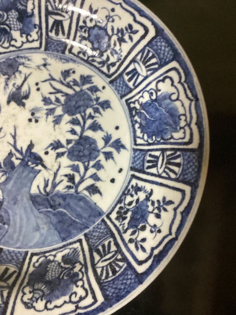 初期伊万里大皿　山辺田窯　染付花鳥文兜皿　幅約34.9cm 江戸期時代物