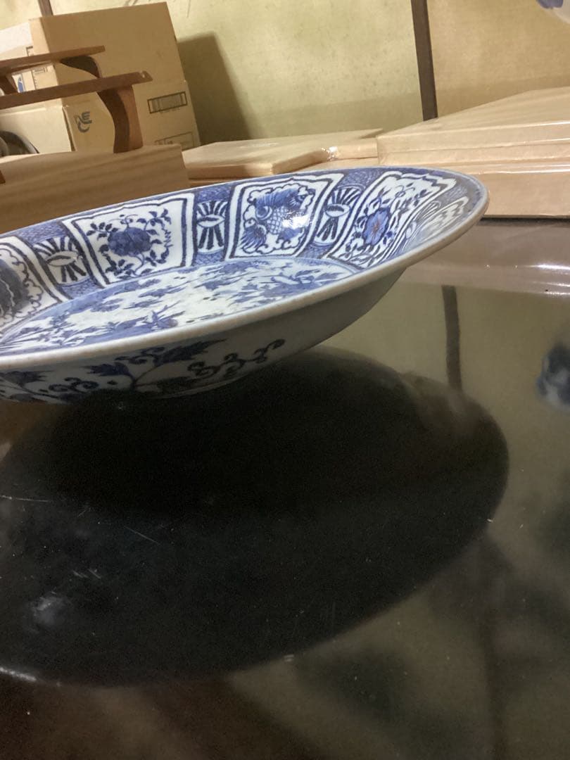 初期伊万里大皿　山辺田窯　染付花鳥文兜皿　幅約34.9cm 江戸期時代物