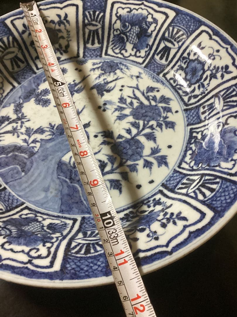初期伊万里大皿　山辺田窯　染付花鳥文兜皿　幅約34.9cm 江戸期時代物