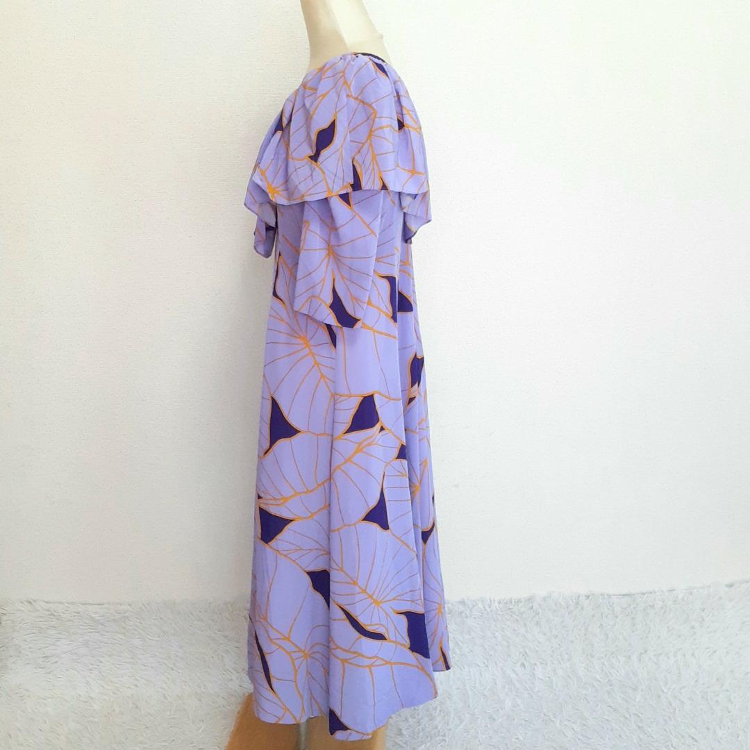 美品◎メネフネプランテーション フラダンス用ドレス パープル系 紫系 リーフ柄