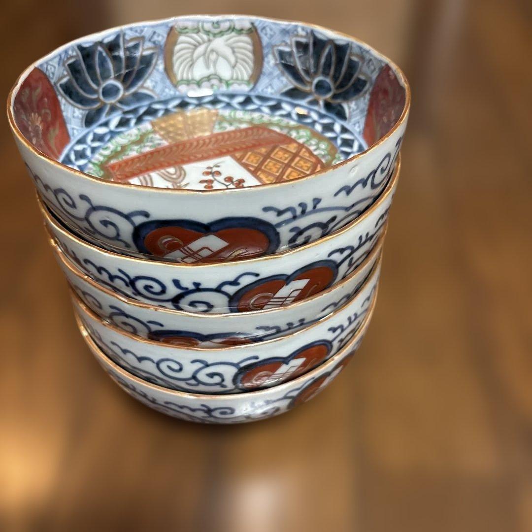 力作古伊万里色絵なます鉢（皿）五個セット中鉢　中も外も素敵な絵付け　収納木箱付き