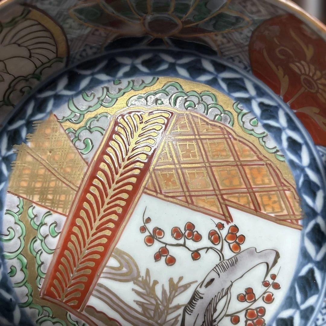 力作古伊万里色絵なます鉢（皿）五個セット中鉢　中も外も素敵な絵付け　収納木箱付き