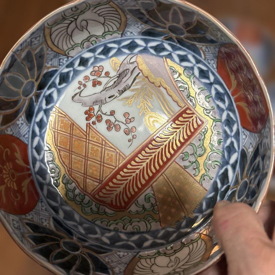 力作古伊万里色絵なます鉢（皿）五個セット中鉢　中も外も素敵な絵付け　収納木箱付き