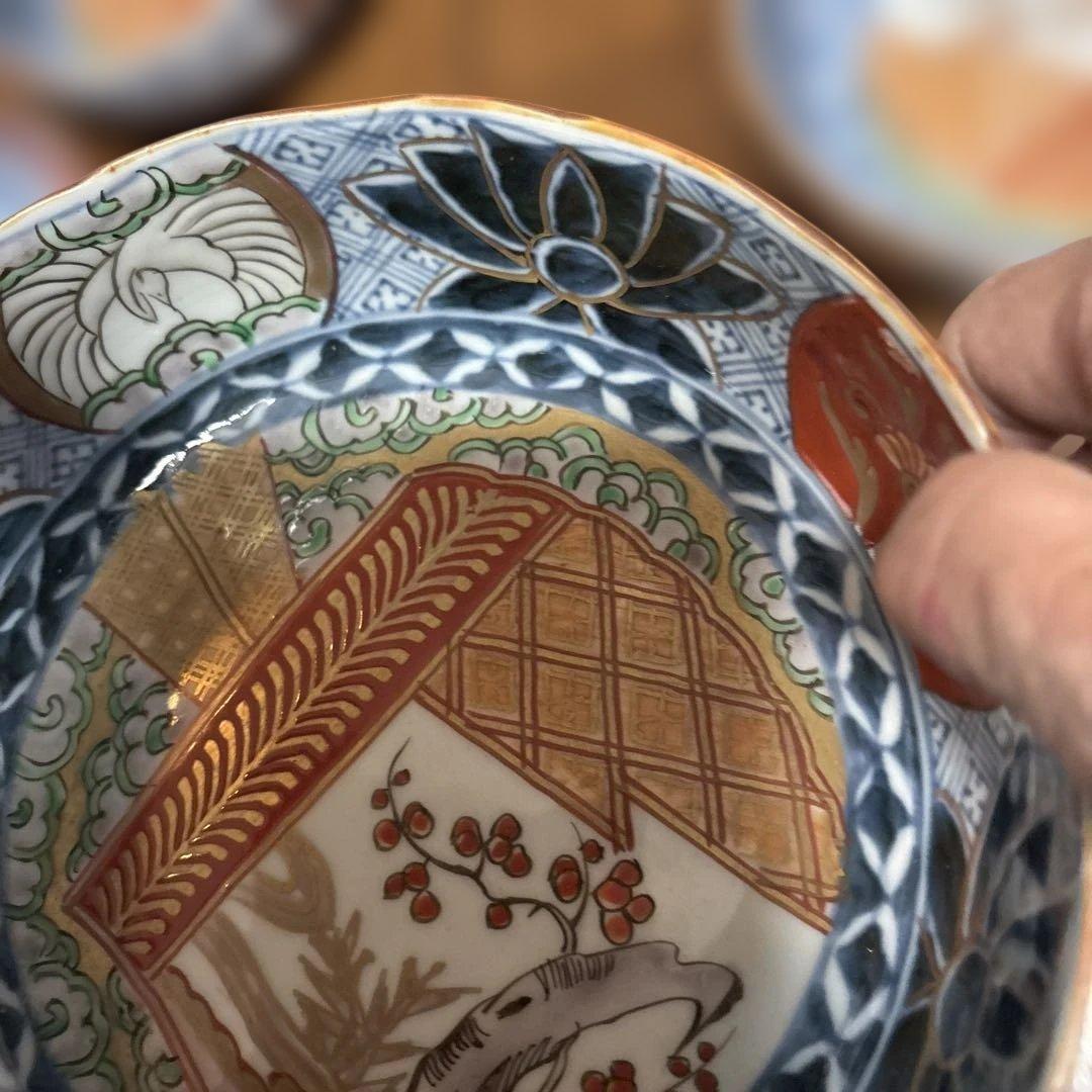 力作古伊万里色絵なます鉢（皿）五個セット中鉢　中も外も素敵な絵付け　収納木箱付き