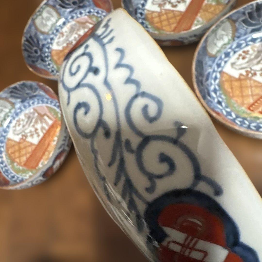 力作古伊万里色絵なます鉢（皿）五個セット中鉢　中も外も素敵な絵付け　収納木箱付き
