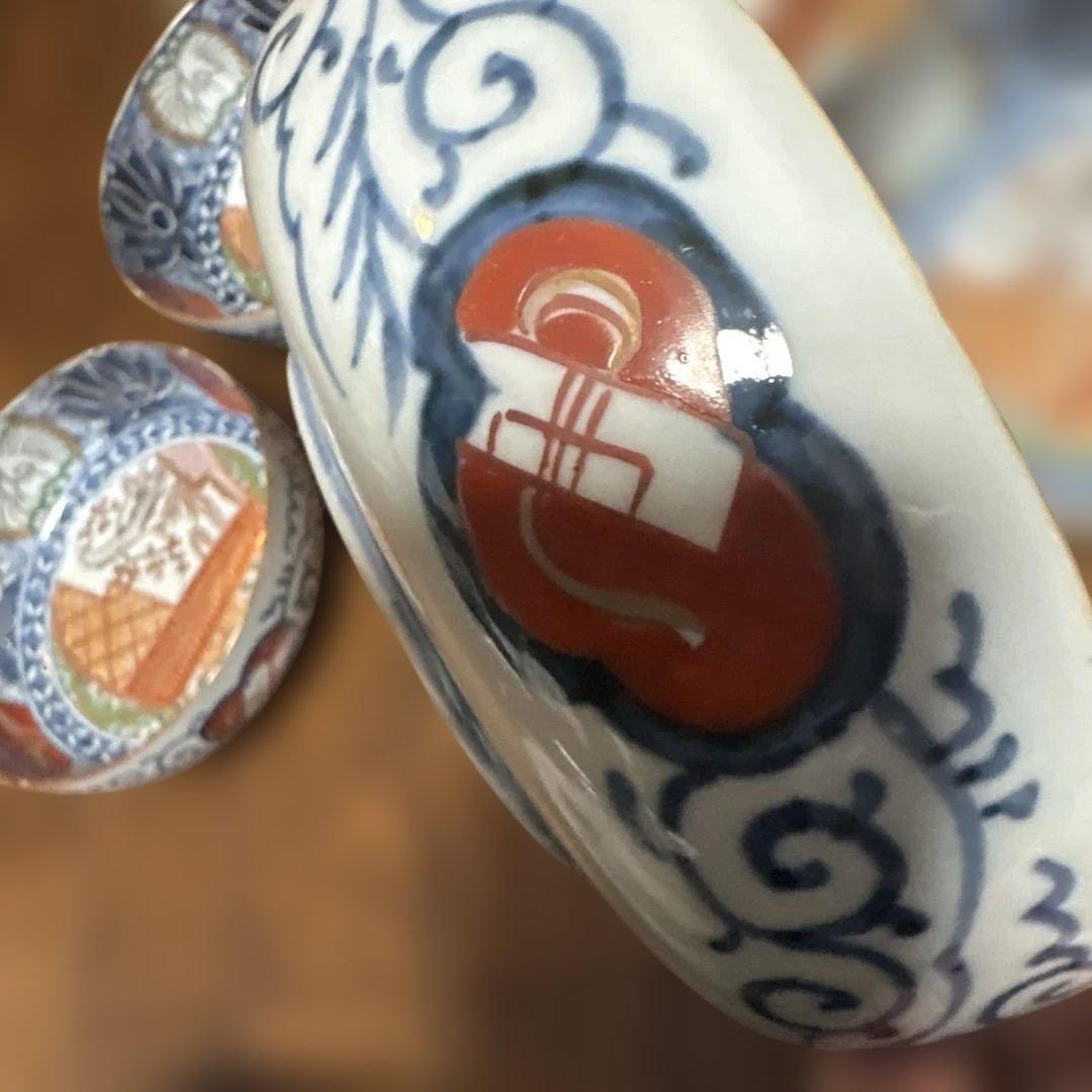 力作古伊万里色絵なます鉢（皿）五個セット中鉢　中も外も素敵な絵付け　収納木箱付き