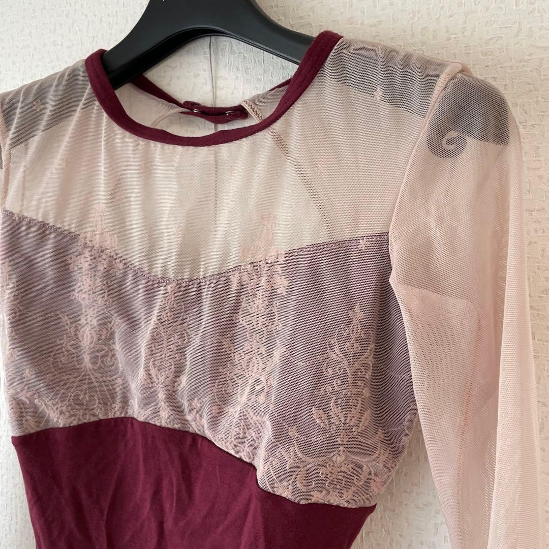 6 チャコット レオタード ワインレッド レース ロングスリーブ