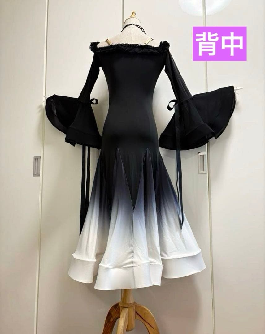 社交ダンス衣装　MIU 黒白グラデーション、袖口、裾にホースヘア