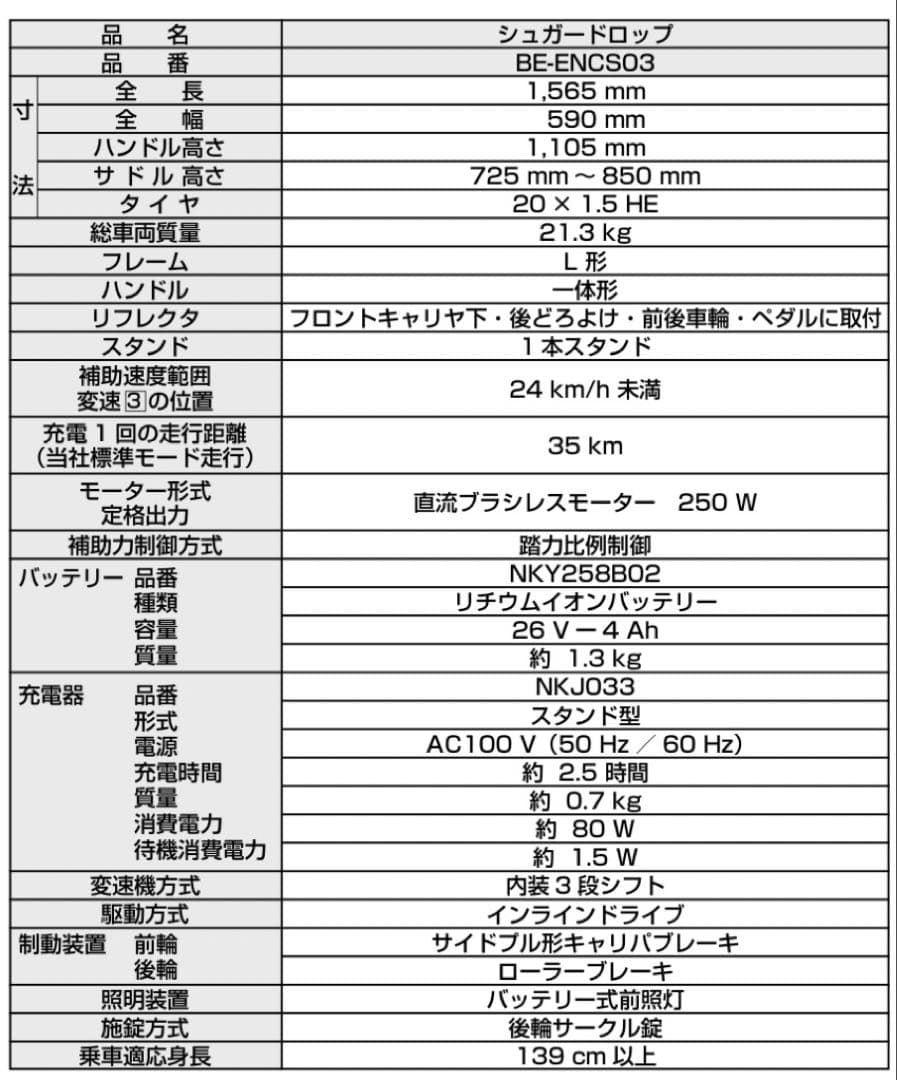 Panasonic 電動アシスト自転車 シュガードロップ　20インチ