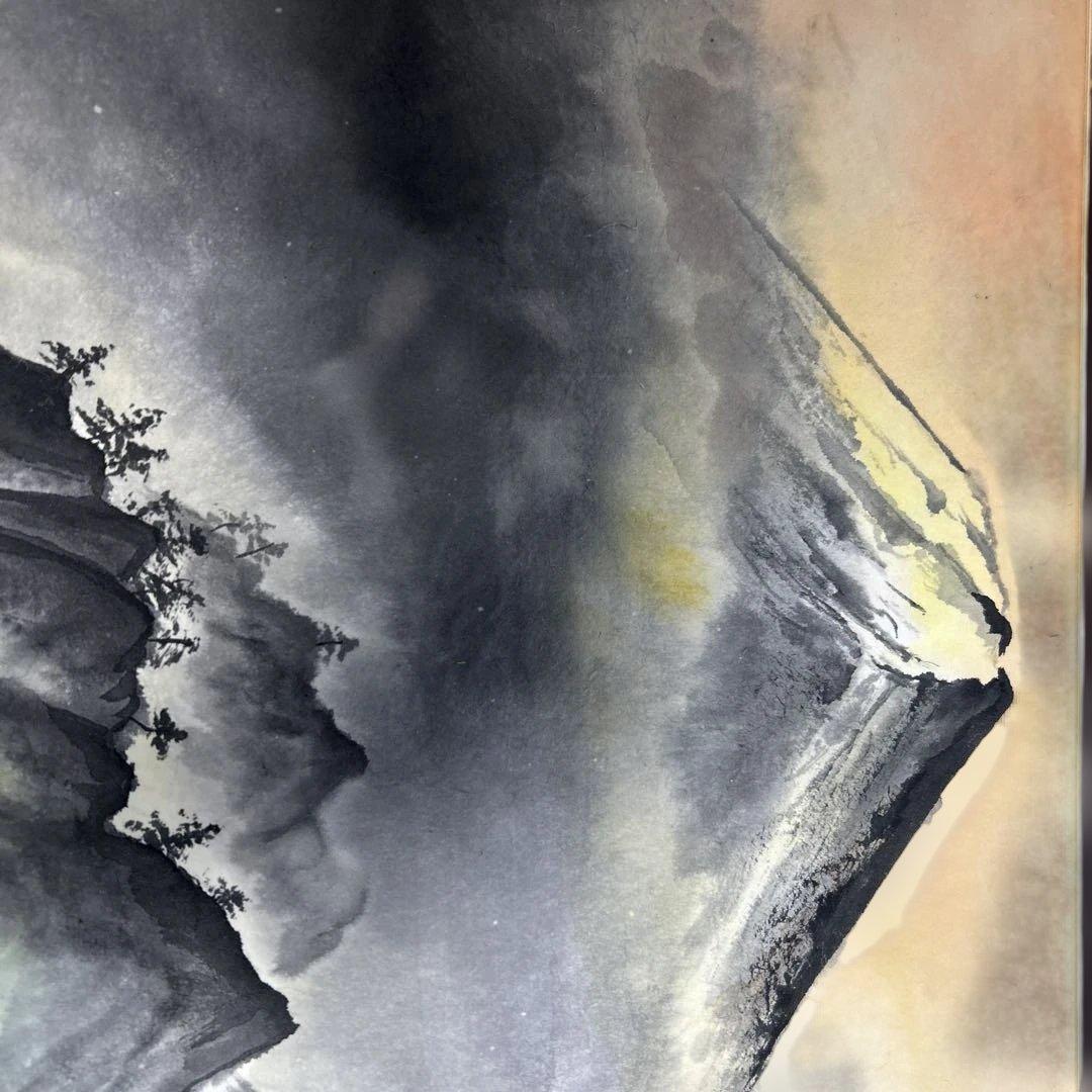 富士山　日本絵風景画和風　インテリア水墨画 山景色 黒いフレーム付き