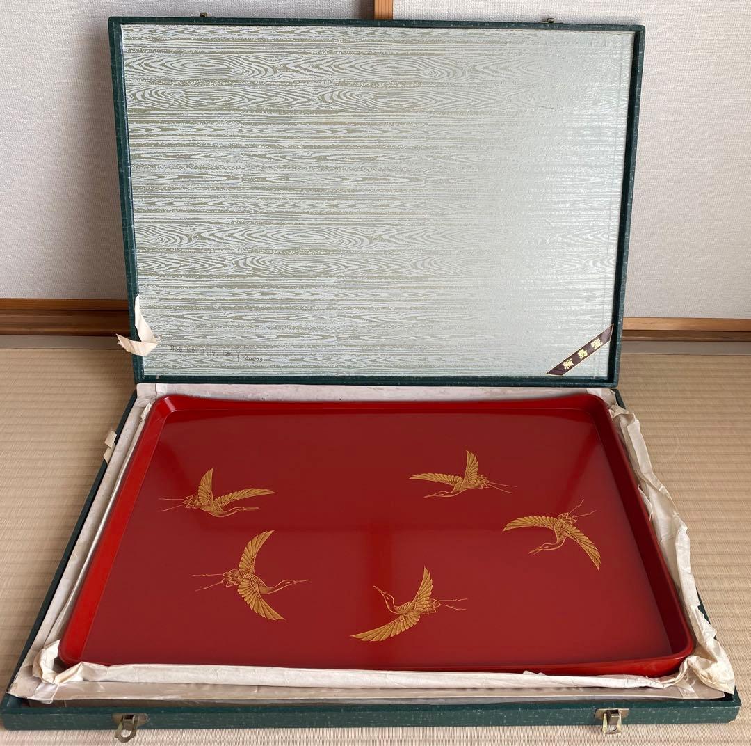 希少大サイズ美品　輪島塗　レトロ品　尺7寸52cm盆　手彫沈金　鶴5羽　お祝い用