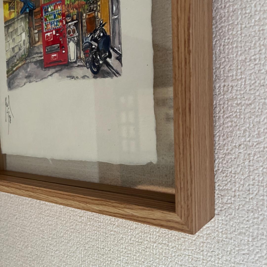 水彩画 自動販売機と日本の街並み
