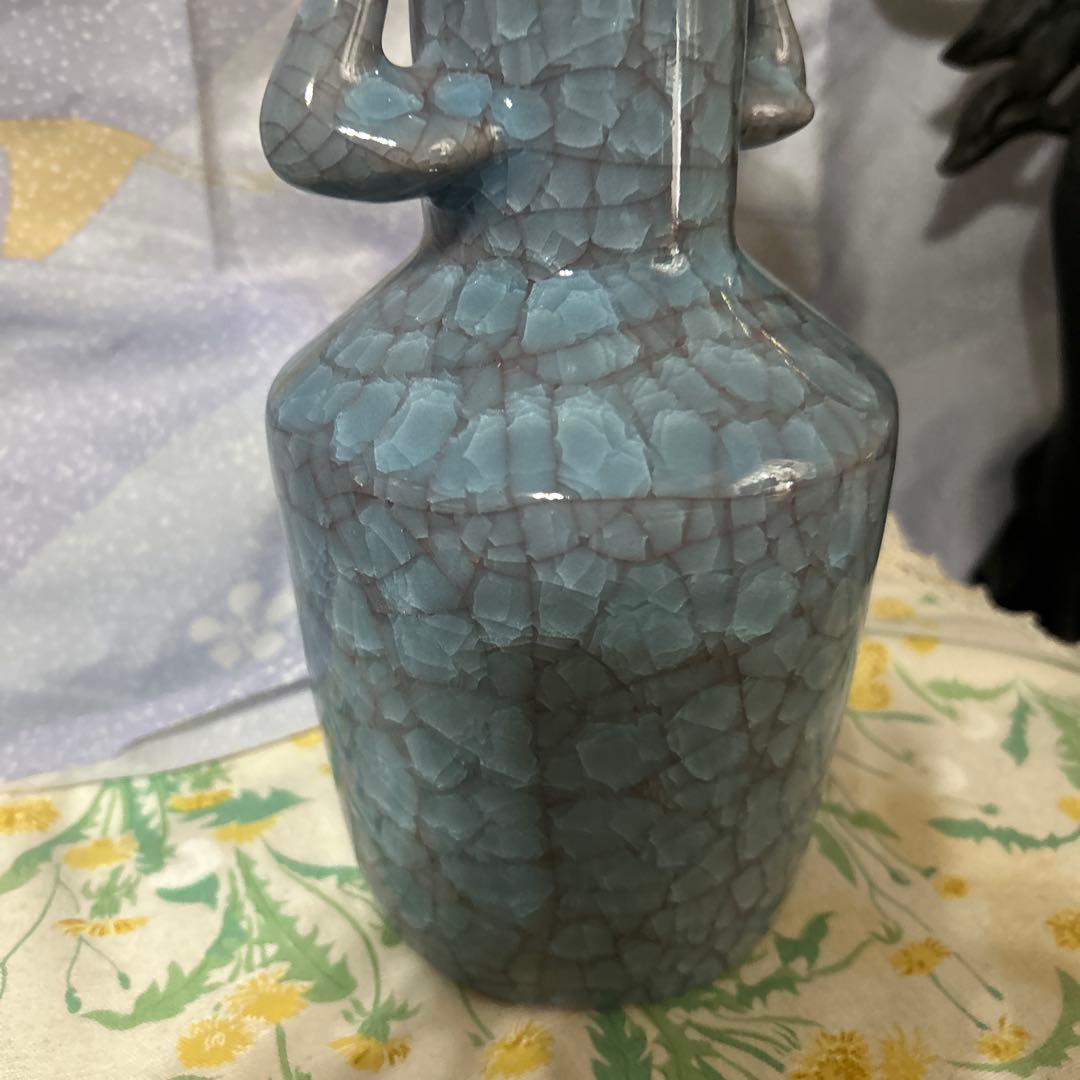 青磁（せいじ）の花瓶 青色ドラゴンハンドル花瓶