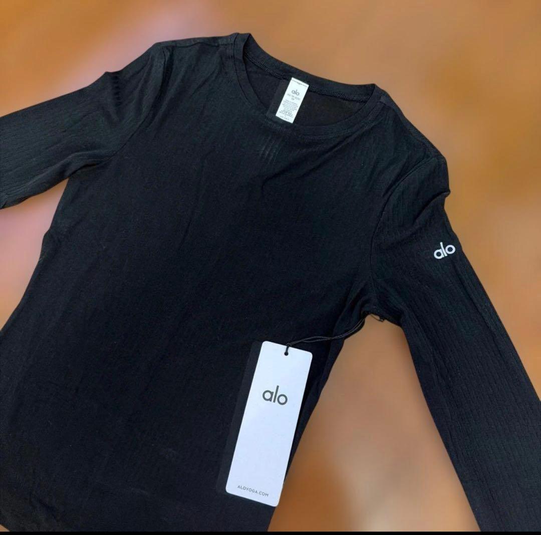 alo ブラック リブ編み 長袖Tシャツ XS