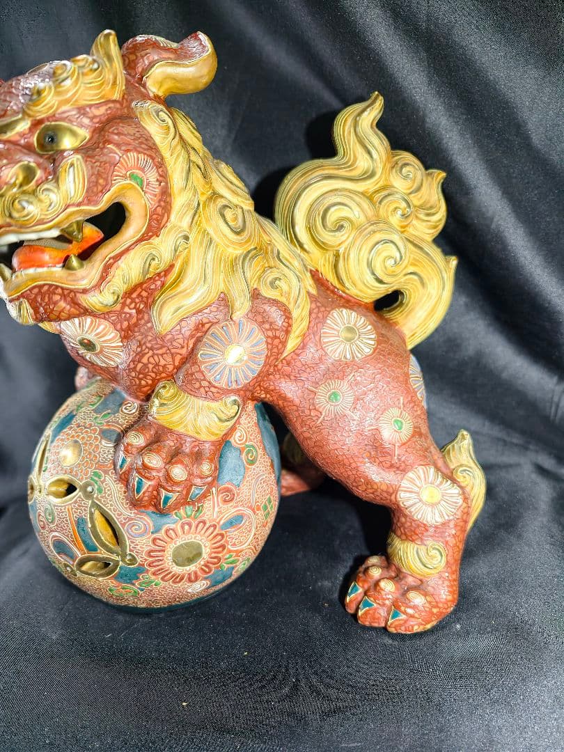 九谷焼 唐獅子 置物 魔除け 狛犬 玉獅子 縁起物 特大　在銘 骨董