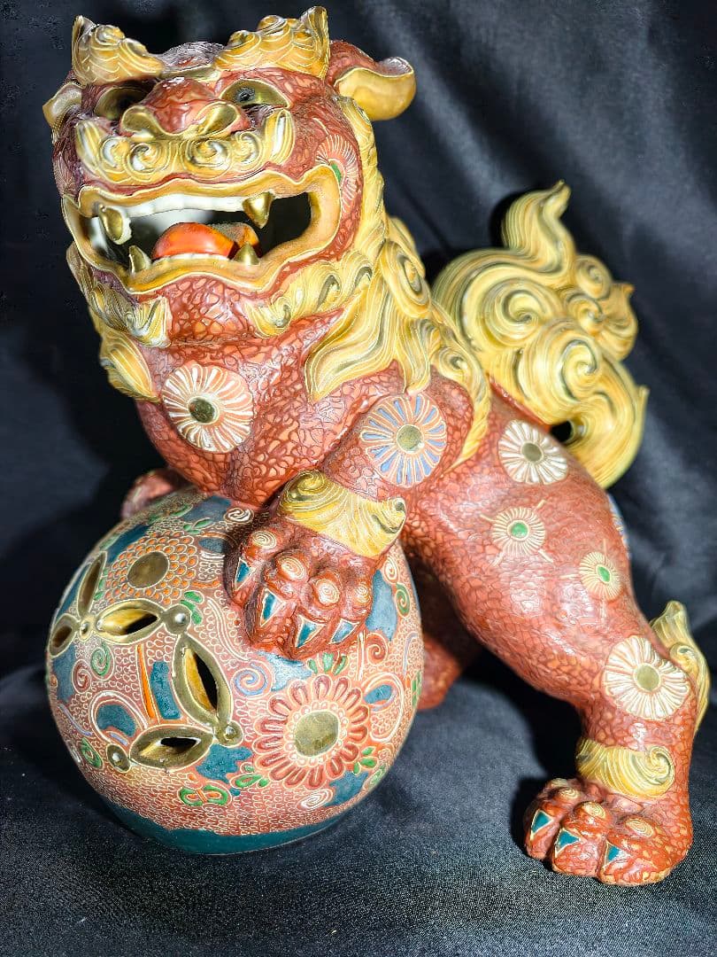 九谷焼 唐獅子 置物 魔除け 狛犬 玉獅子 縁起物 特大　在銘 骨董