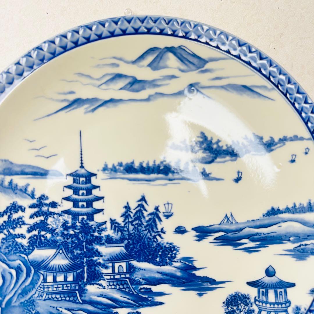 【縁起物】染付 富士山 山水画 大皿 31cm 飾皿 伝統工芸 五重塔 飾り