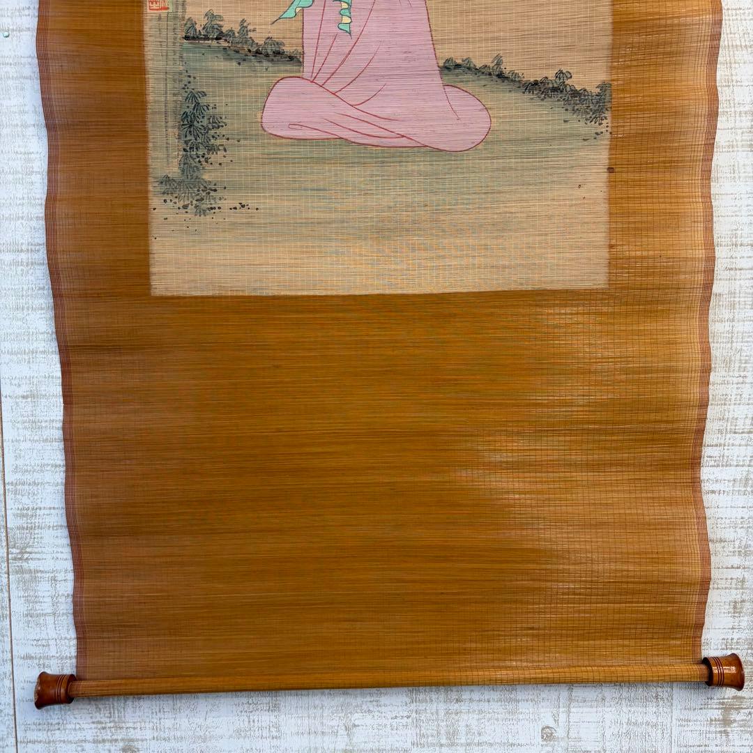 【アンティーク】掛け軸 中国美術 美人図 竹簾画 落款 在銘 羅新之作 骨董品