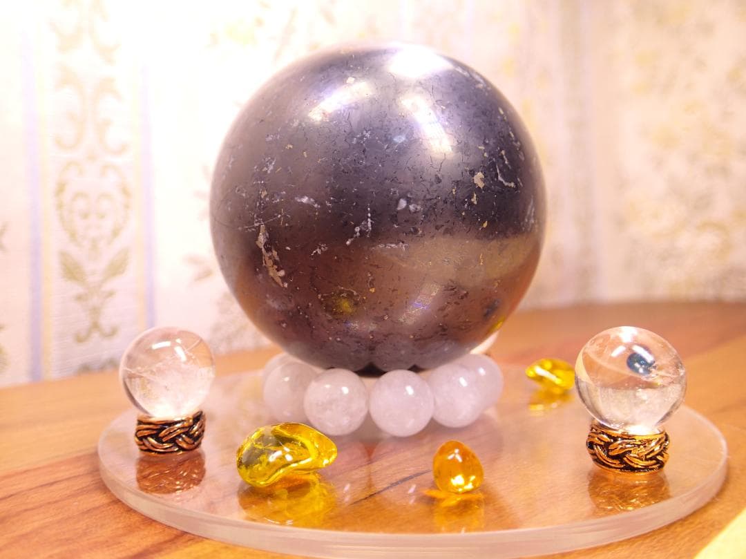 聖なる祭壇♊シュンガイト◆水晶❄丸玉♎アンダラクリスタル♋銅＆アクリル台座✨